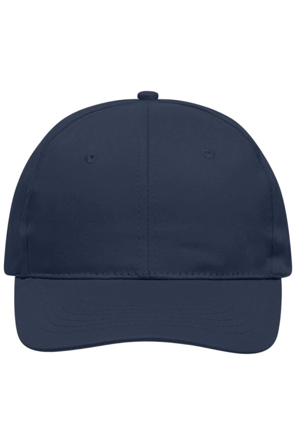 A navy blue 6 panel promo cap featuring a curved brim and a branded logo on the front.