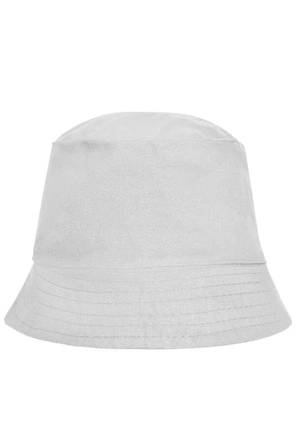 A grey bucket hat with a wide brim, featuring a logo on the side.