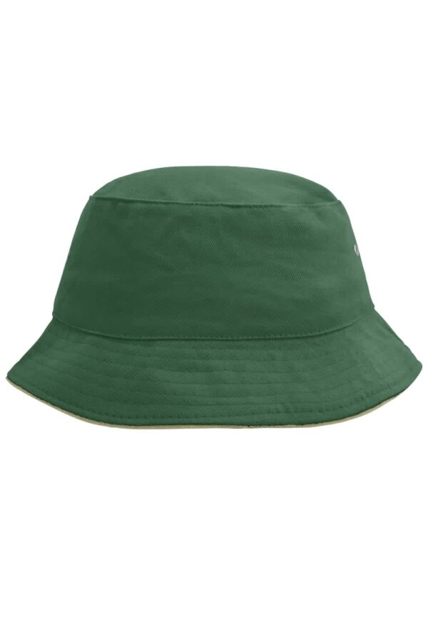 A green bucket hat with a wide brim and a subtle logo on the side, featuring a textured fabric.