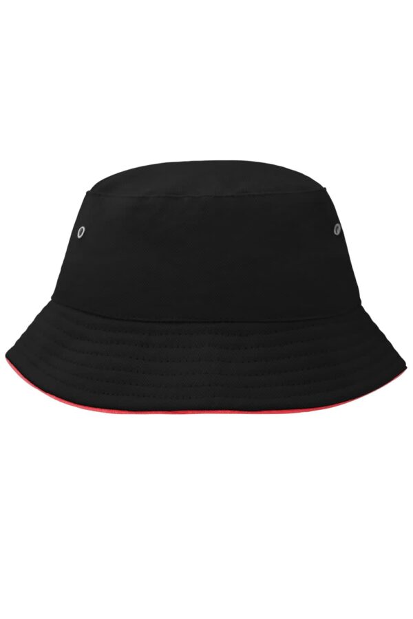 A black fisherman piping hat for kids with a red trim and eyelets for ventilation. It features a wide brim.