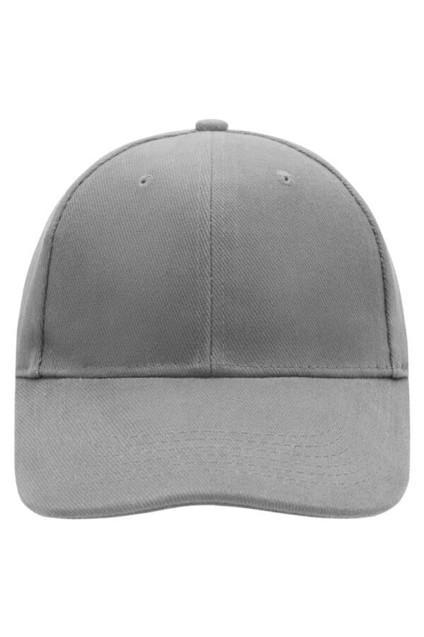 A grey 6-panel cap with a flat peak and ventilation holes, featuring a logo on the front.