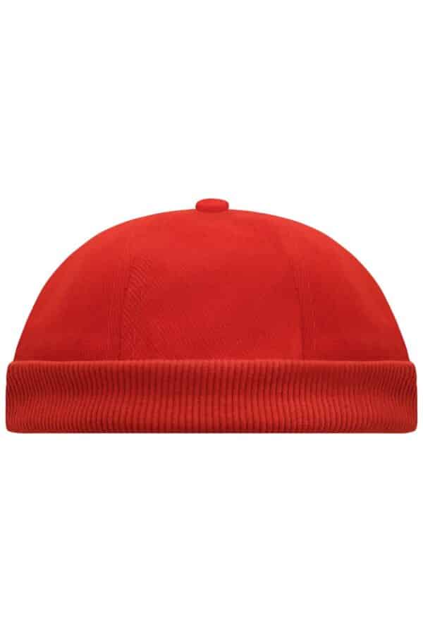 A red 6 panel chef cap with a rounded top and a ribbed band, featuring a logo on the front.