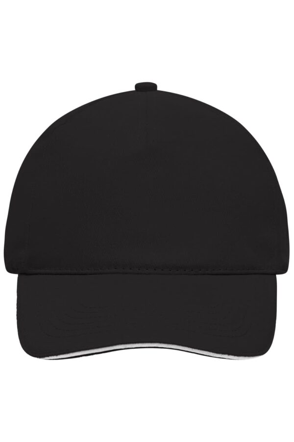 A black 5-panel sandwich cap featuring a curved brim and a logo on the front.