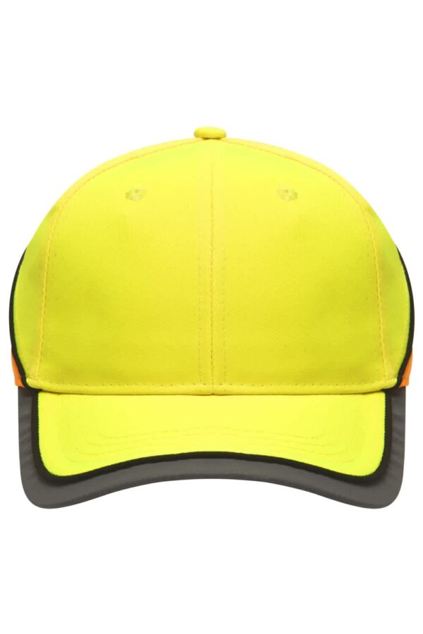 A bright yellow cap with a grey peak, featuring a logo on the front and contrasting accents.