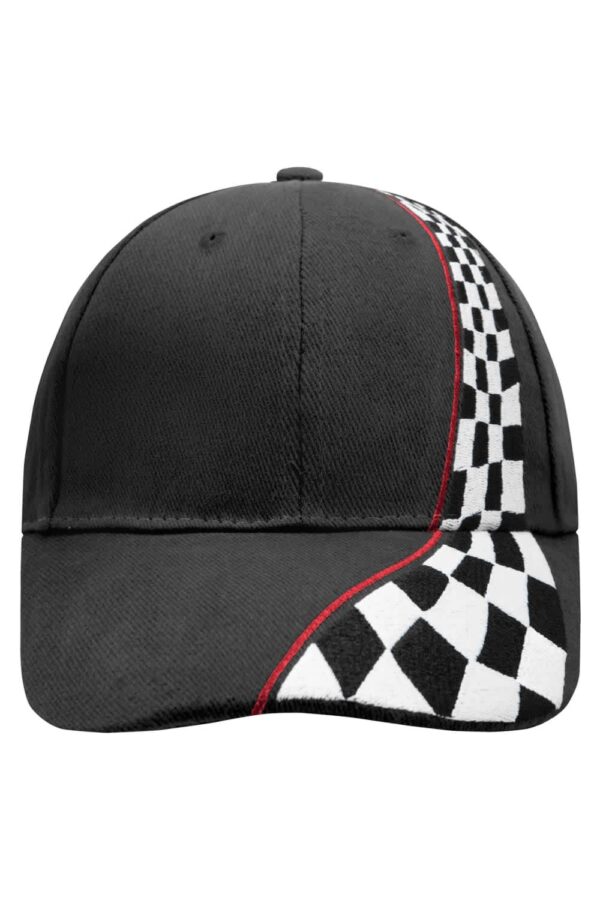 A black cap featuring a checkered pattern along the side and a logo on the front.
