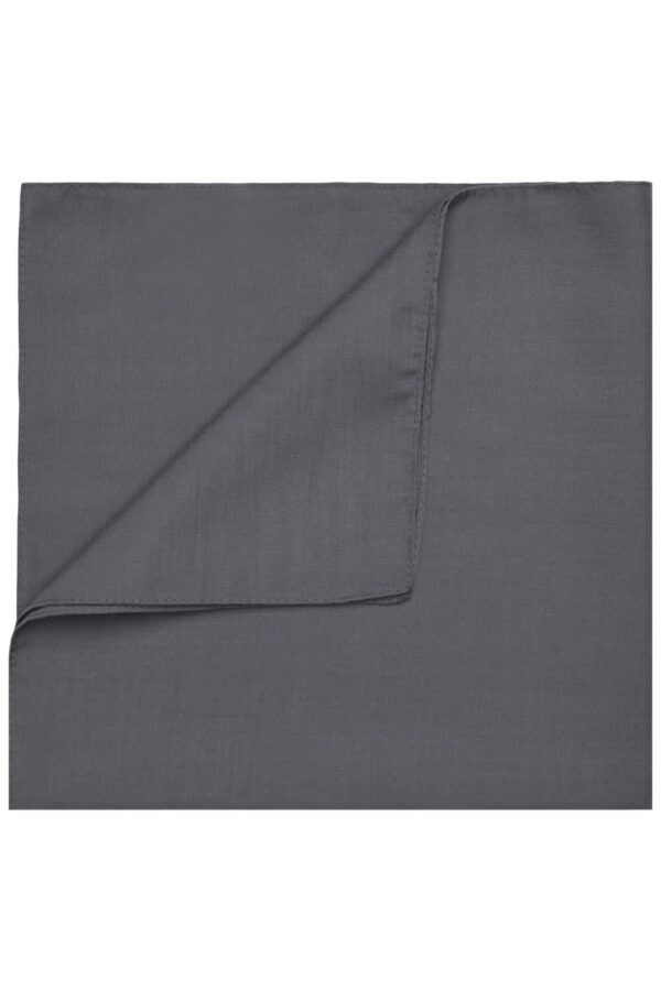 A dark grey bandana with a smooth texture and a folded corner, featuring a logo.