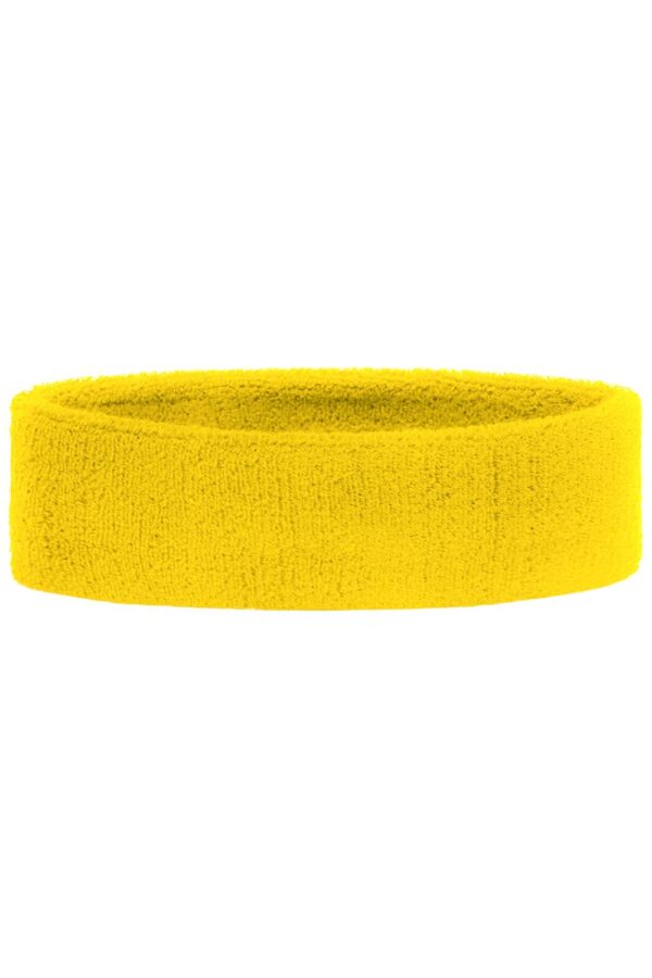 A yellow terry headband with a soft, textured surface, featuring a logo on one side.