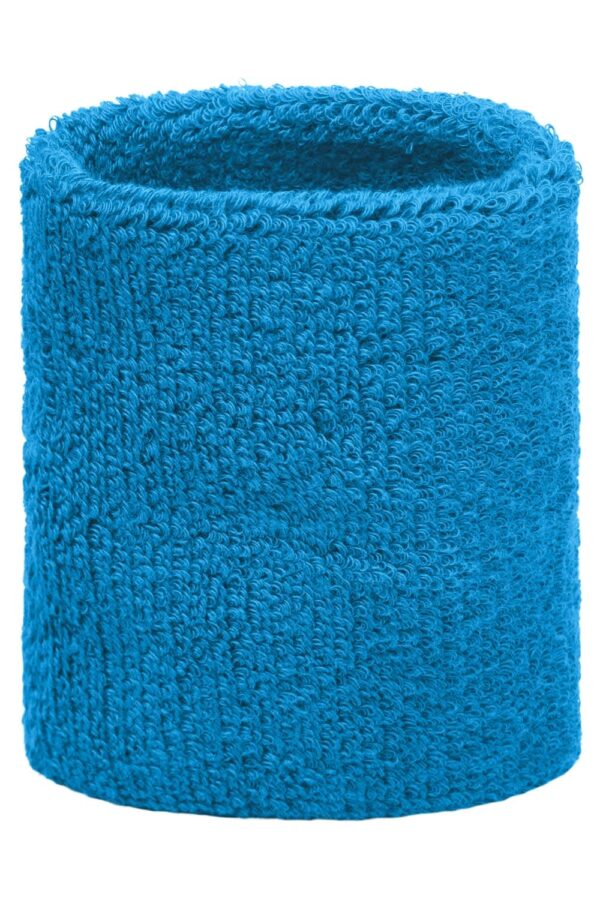 A blue Terry Wristband made of textured fabric, featuring a simple design and a logo.