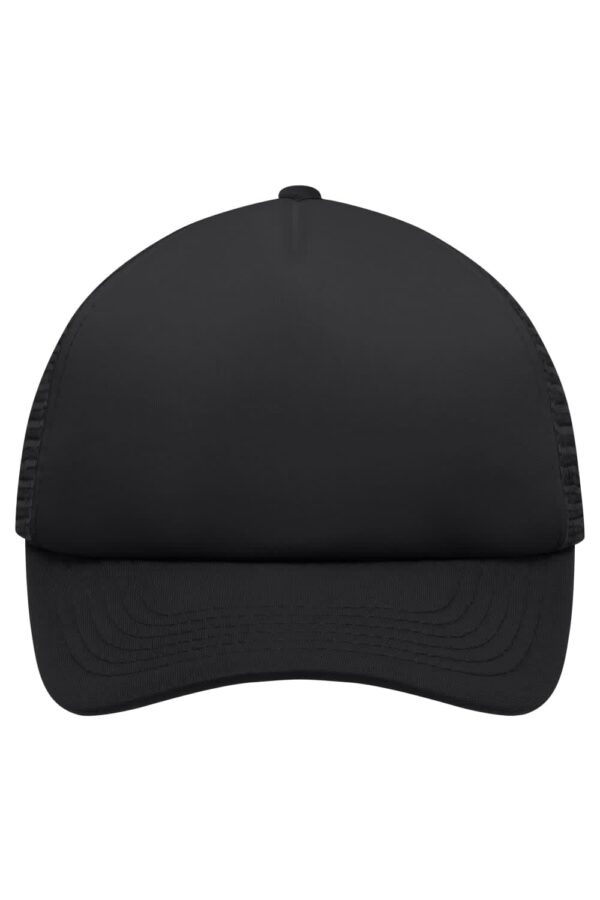 A black 5-panel polyester mesh cap for kids featuring a structured front and breathable mesh sides. It has a logo.