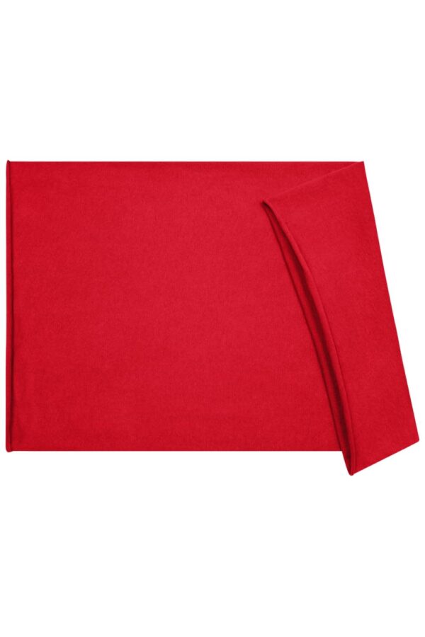 A red headband made of cotton, featuring a folded section on one side and a simple design.