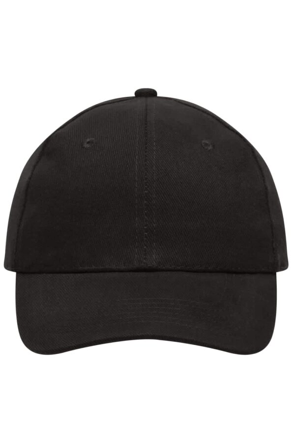 A black six-panel cap made of heavy cotton with a curved brim and a top button. It features a logo on the front.