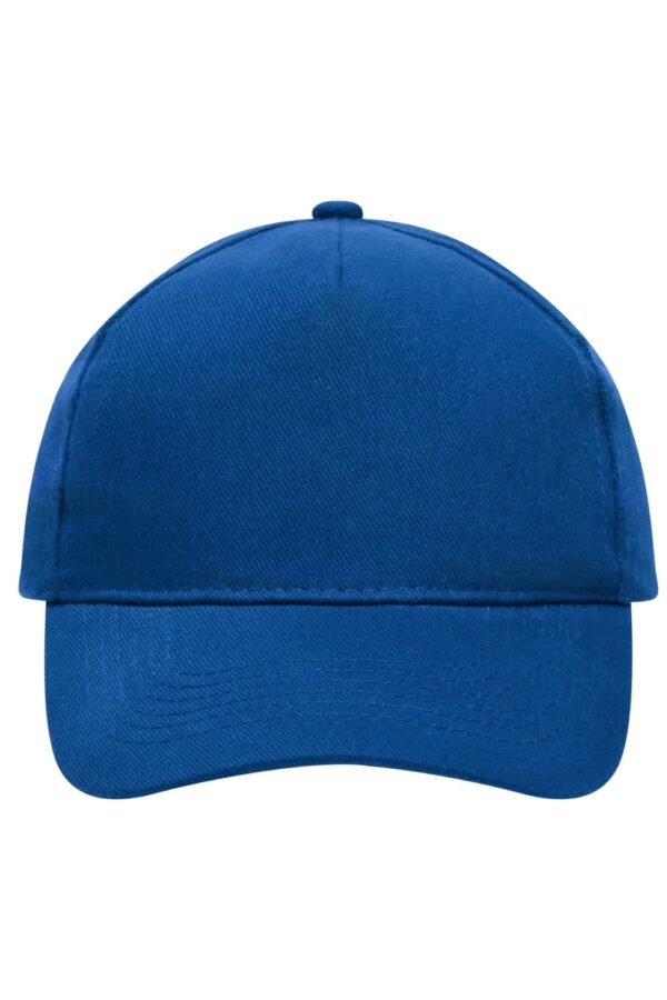 A blue 5 panel cap made of heavy cotton, featuring a curved brim and a logo on the front.