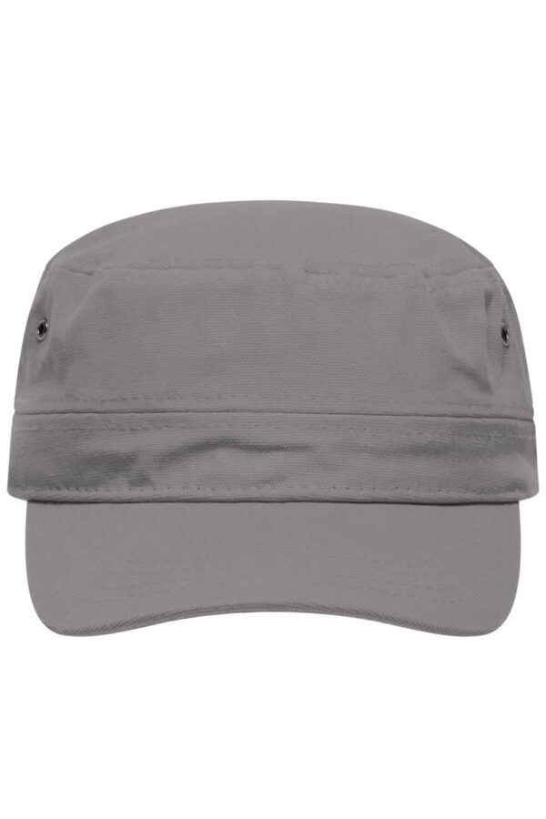 A grey military cap featuring a flat brim and two side vents. It has a logo on the front.