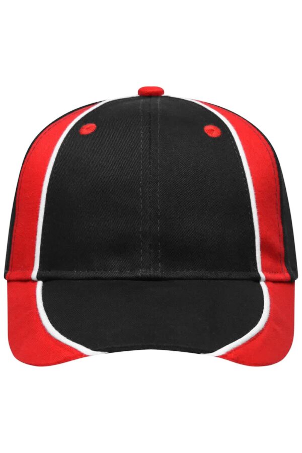 A black and red cap featuring contrasting stitching and a logo on the front.