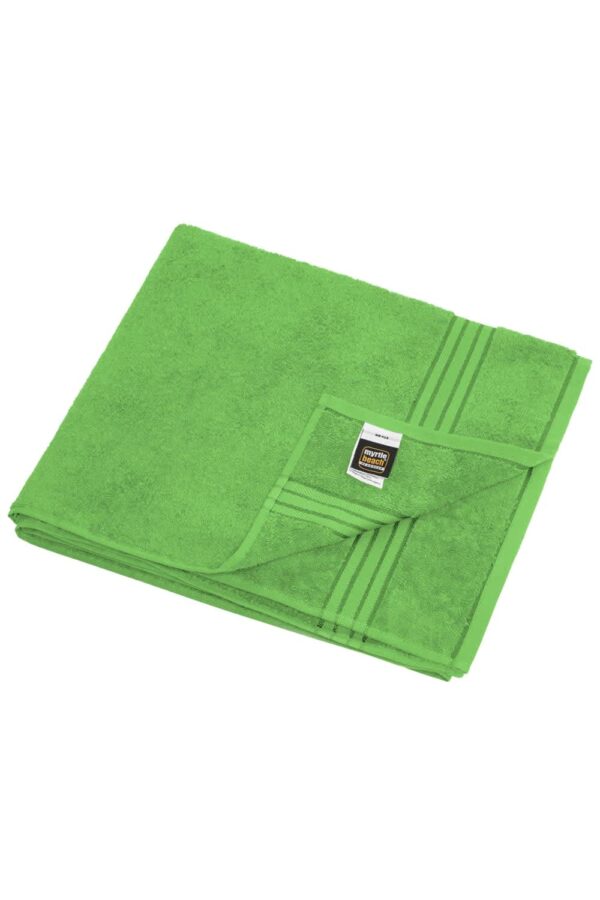 A folded green sauna sheet with a textured surface and a tag. The sheet features a striped design on one edge.