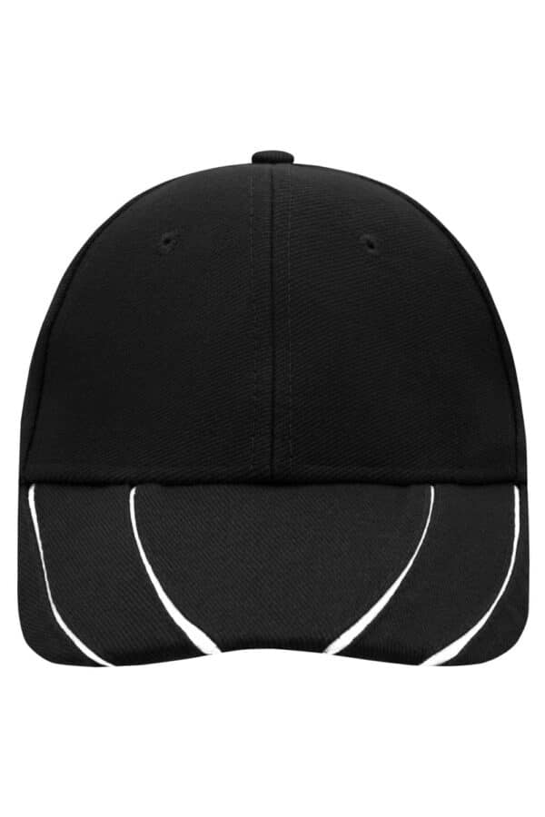 A black 6 panel cap with a curved brim and white accent lines, featuring a logo on the front.