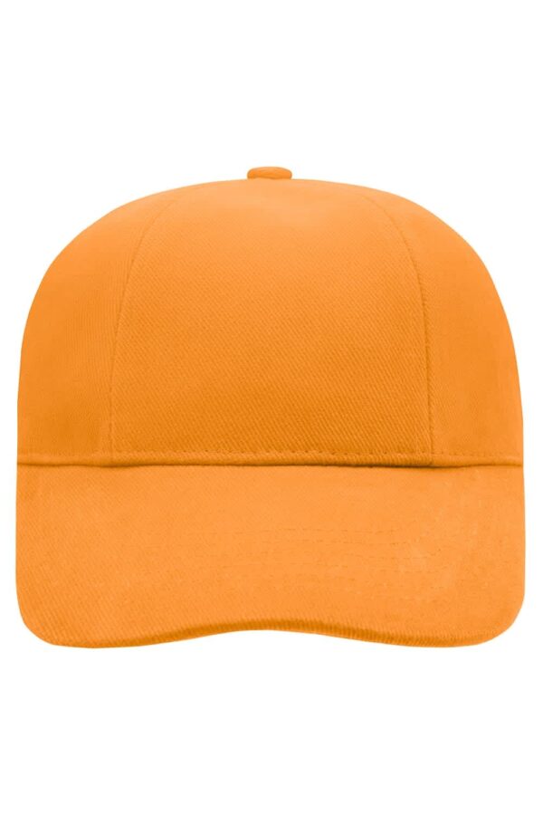 An orange six-panel cap with a solid design and a branded logo on the front.