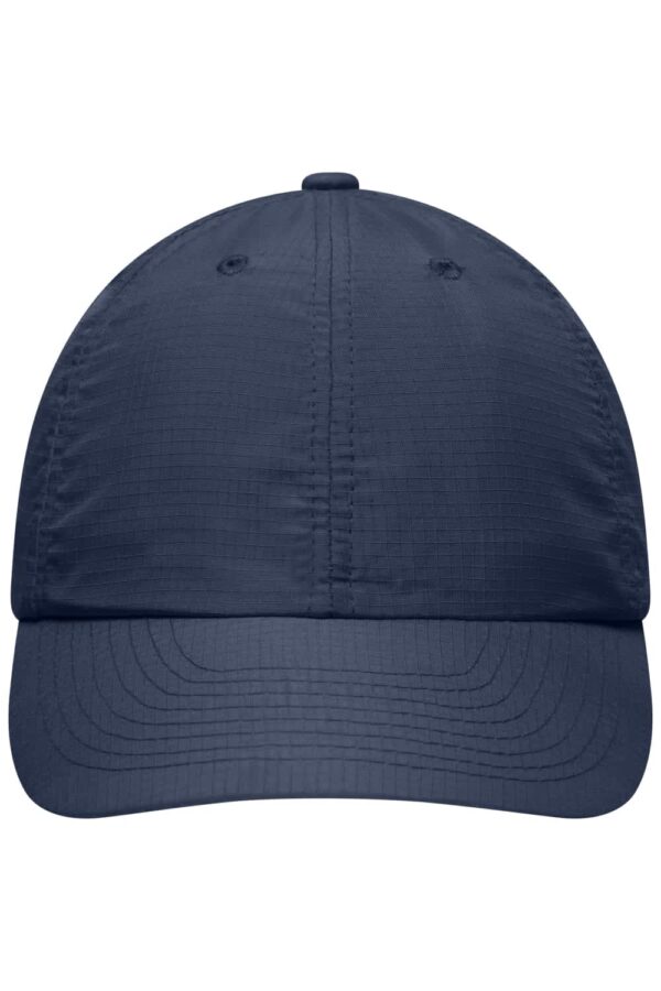 A navy blue 6 Panel Coolmax cap with a structured design and a logo on the front.