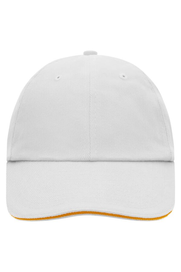 A white 6 Panel Raver Sandwich Cap with a yellow underside, featuring a logo on the front.