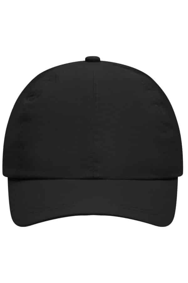 A black six-panel outdoor sports cap featuring a curved brim and a sleek design. It includes a logo on the front.