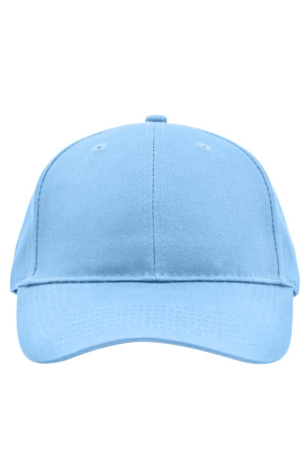 A light blue brushed six-panel cap with a curved brim and a logo on the front.