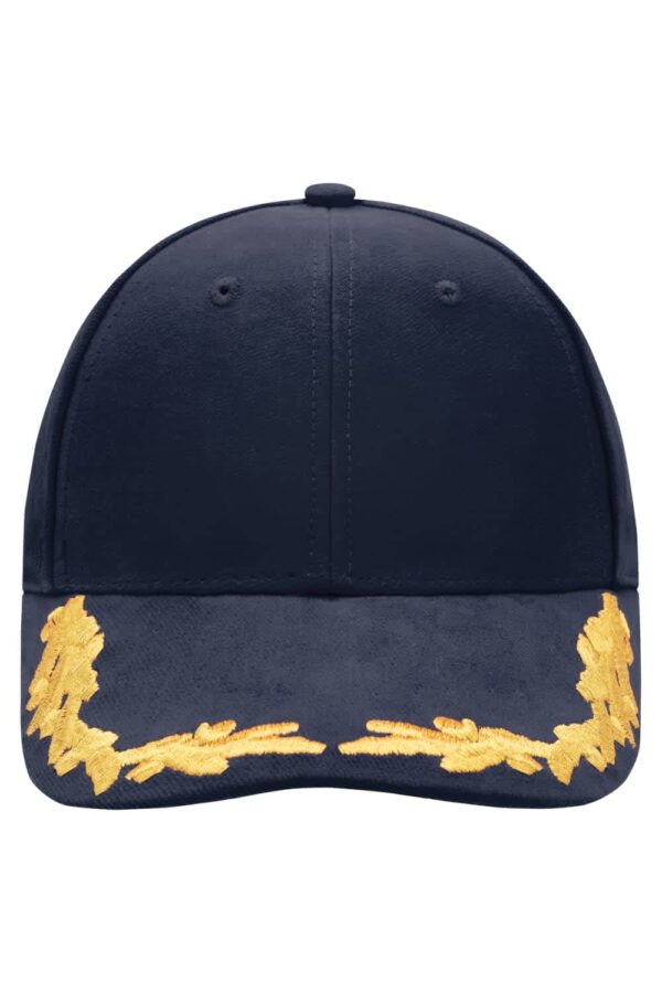 A navy six-panel cap with an embroidered gold design along the brim and a logo on the front.
