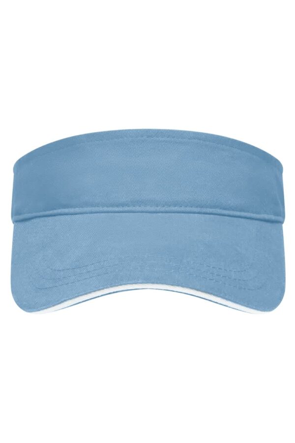 A light blue sun visor featuring a wide brim and an adjustable band, with a logo on the side.