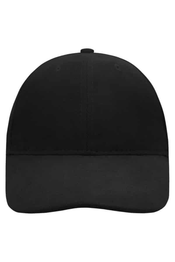 A black six-panel cap with a soft lining and a flat peak, featuring a logo on the front.