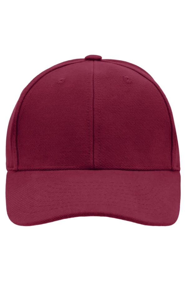 A maroon 6-panel cap with a smooth finish and a rounded peak, featuring a simple design and branding.