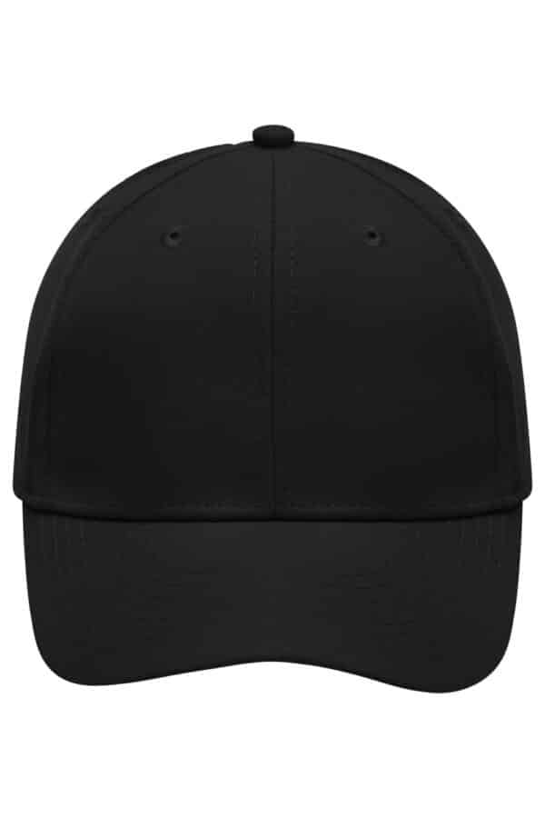 A black six-panel polyester peach cap featuring a rounded peak and a logo.