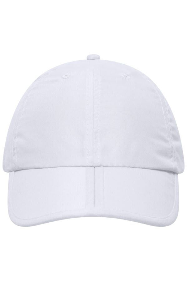 A white six-panel cap featuring a curved brim and an adjustable back, with a branded logo.