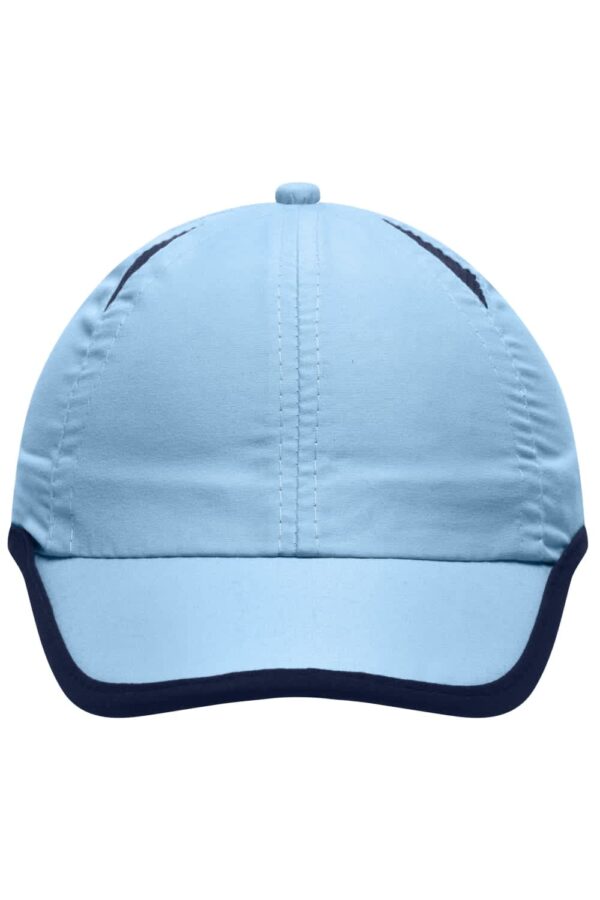 A light blue 6 Panel Micro-Edge Sports Cap with a navy brim, featuring a logo on the front.