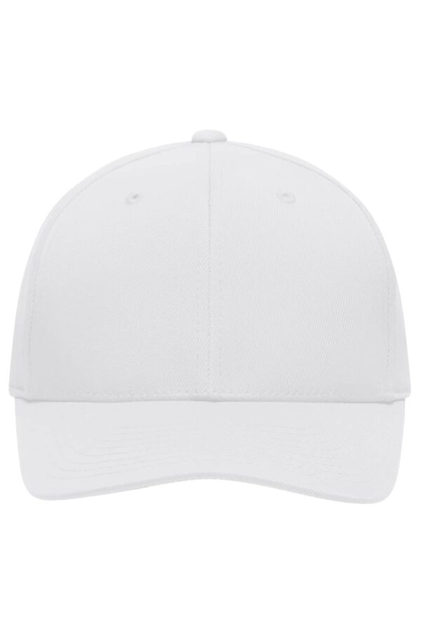 A white high-performance Flexfit cap with a smooth fabric surface and a curved brim. Features a logo on the front.