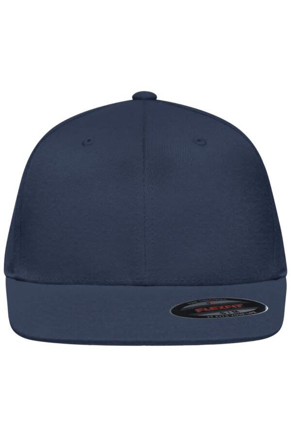 A navy blue Flexfit Flat Peak Cap featuring a flat brim and a logo on the side.