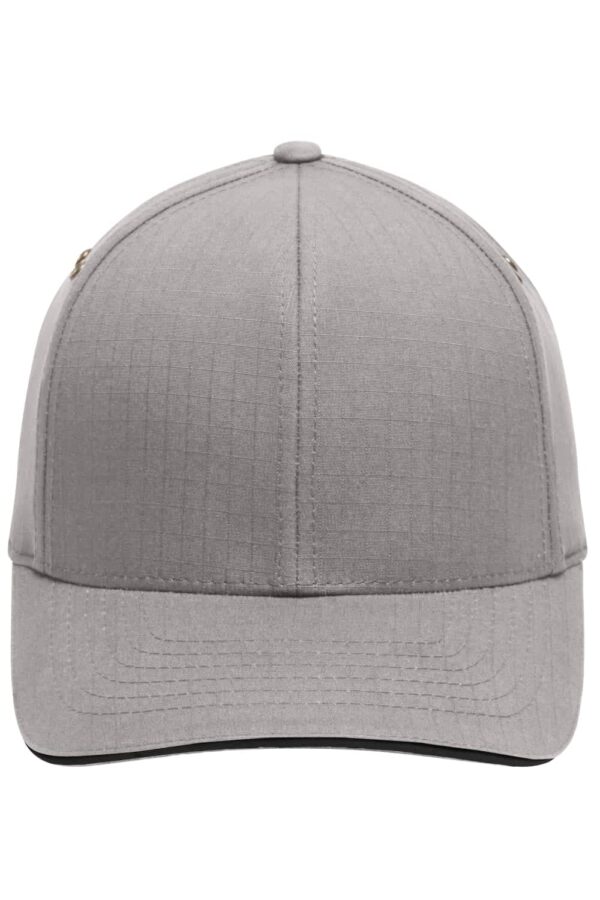 A grey Flexfit Ripstop Sandwich Cap featuring a structured design and a logo on the front.