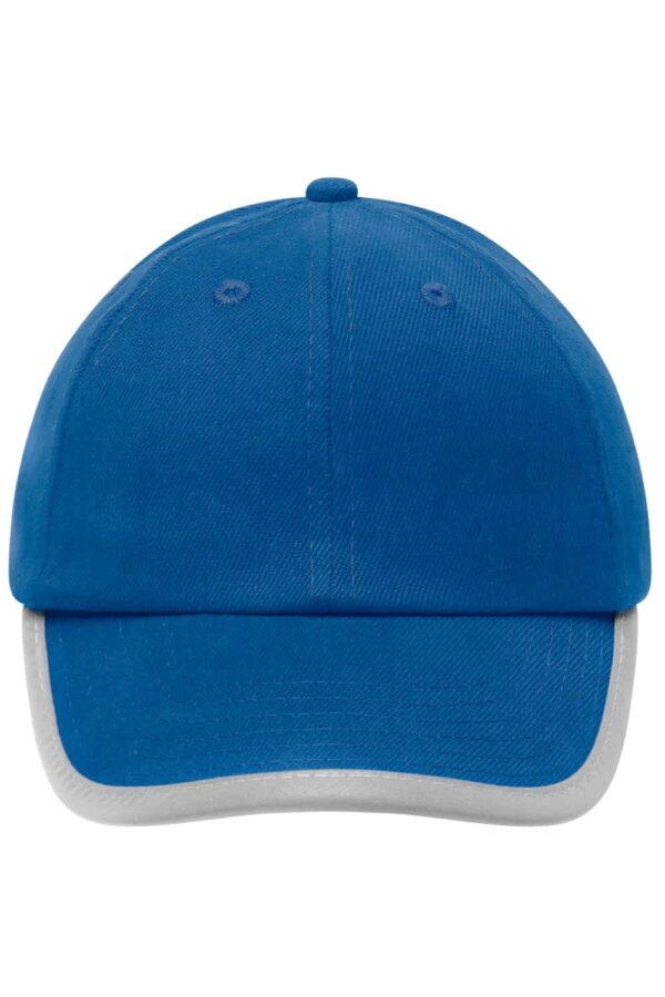 A blue cap with a grey brim, featuring a logo on the front.