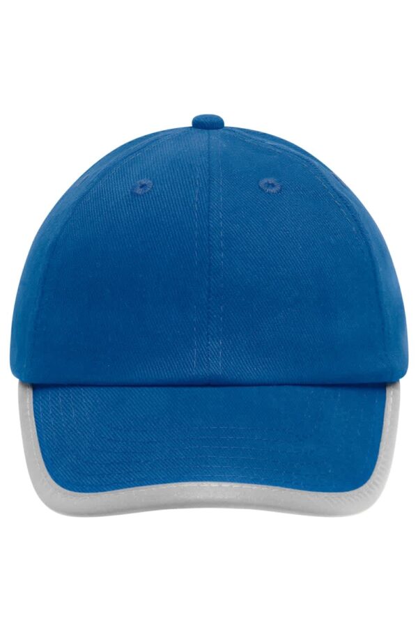 A blue cap with a white brim, featuring a logo on the front.