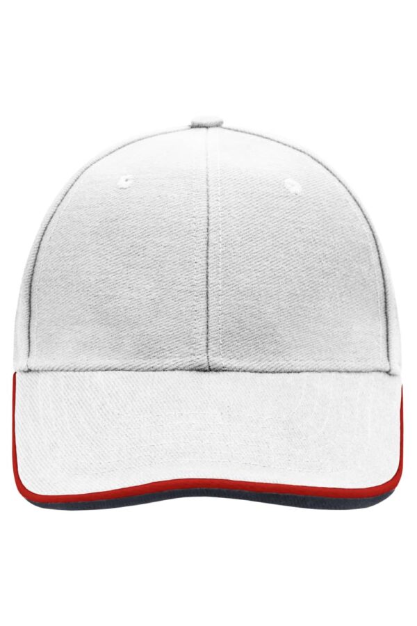 A white cap with a red and grey brim, featuring a logo on the front.