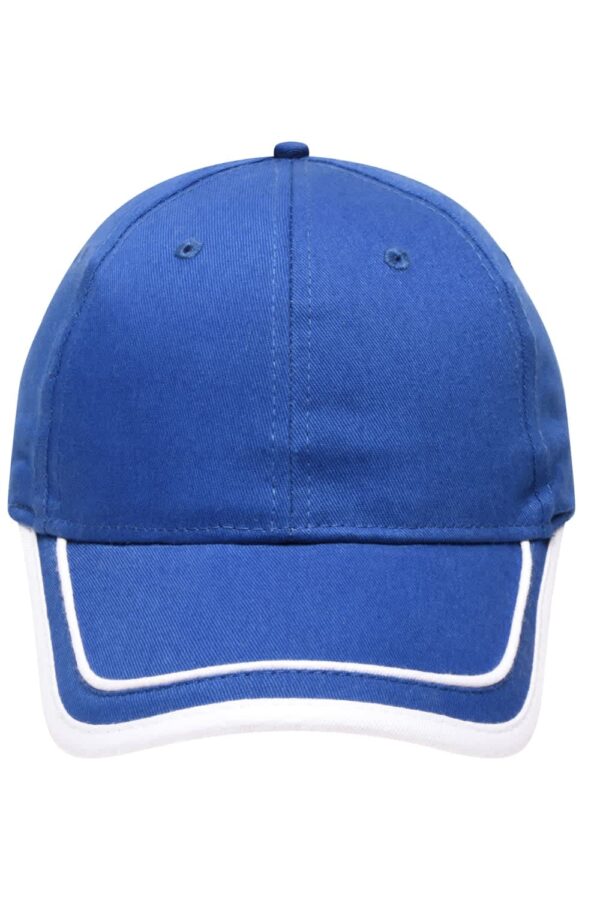 A blue cap with white piping along the brim and a logo on the front.