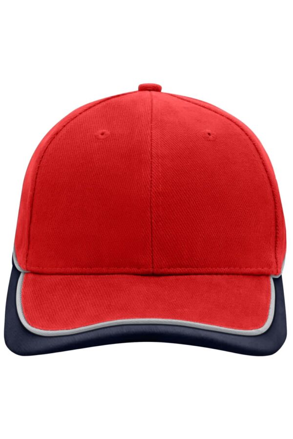 A red six-panel cap with a contrasting navy peak and a branding logo.