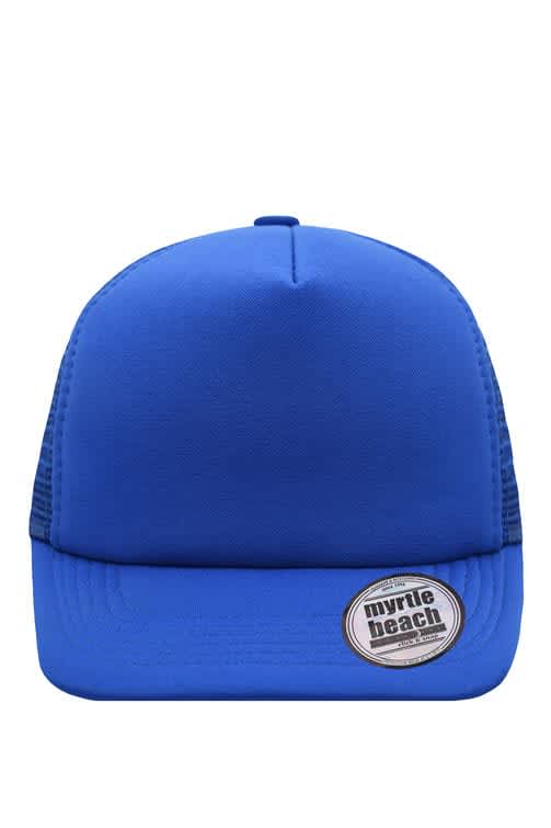 A blue 5 panel flat peak cap featuring a mesh back and a branding logo on the side.