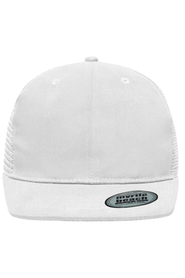 A 6 panel flat peak cap in white with a dark brim and a logo at the front.