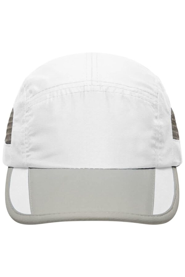 A white and grey 5 panel sportive cap featuring mesh side panels and a curved peak. It has a logo on the front.