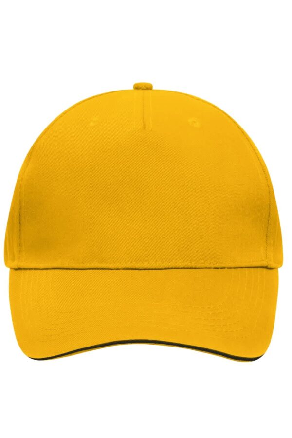 A bright yellow 5 Panel Sandwich Cap with a structured front and a flat brim, featuring a logo on the front.