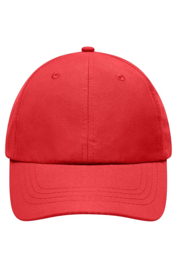 A red cap featuring a structured front and a curved brim, complete with a logo.