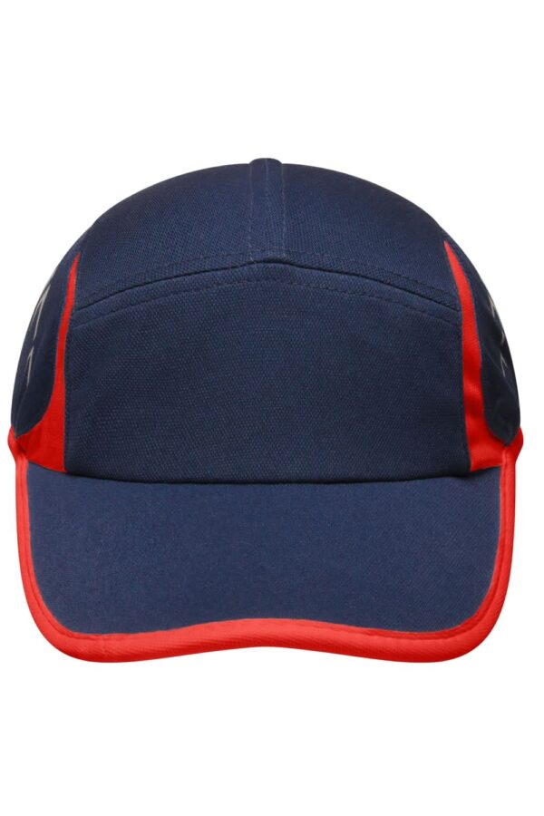 A navy and red running cap featuring a structured design and a peak, with a branding logo.