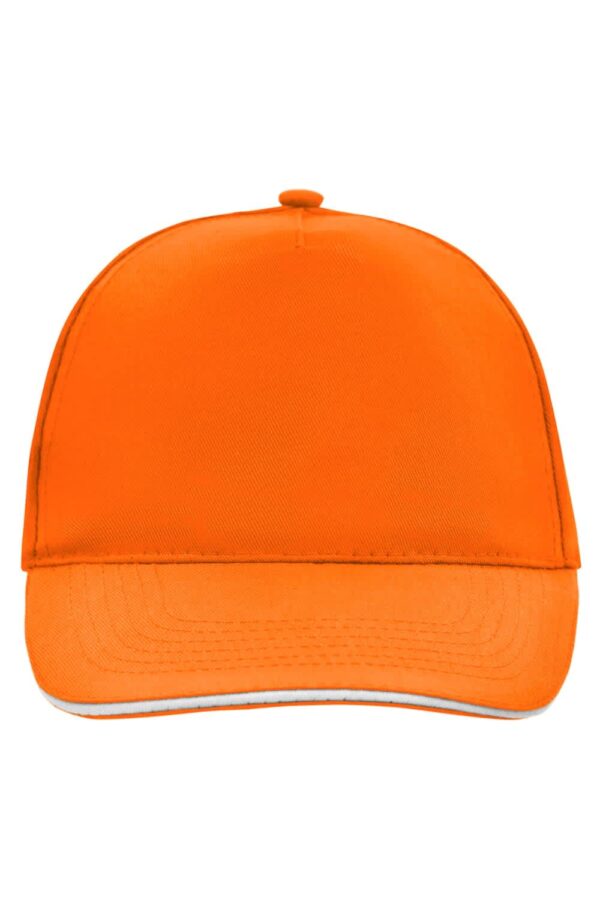 An orange 5 Panel Promo Sandwich Cap with a curved brim and a branding logo.