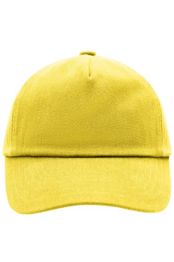 A bright yellow 5 panel cap with a curved brim and a logo on the front.