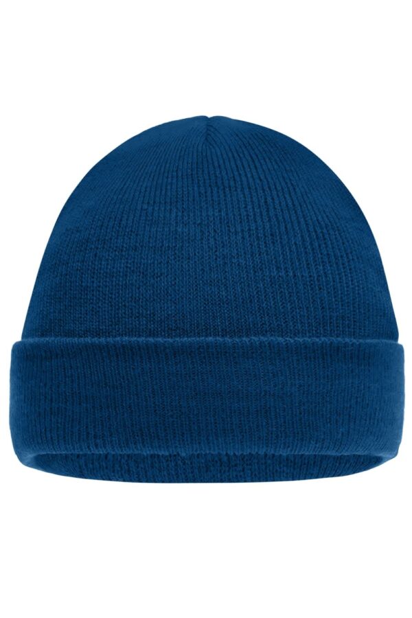 A knitted cap for kids in a vibrant blue colour, featuring a rolled cuff and textured design.