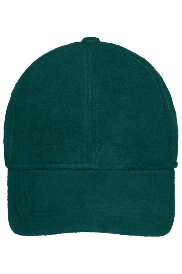 A dark green fleece cap with earflaps, featuring a structured six-panel design and a logo.